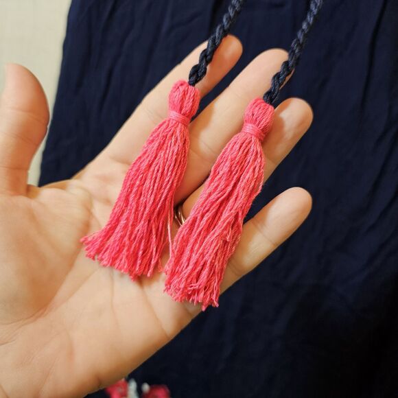 Sophie Max Navy Blue Midi Dress Red Floral Embroidery Tassels Womens Medium - Picture 4 of 10